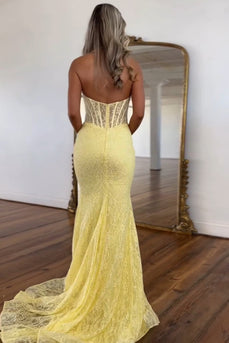 Yellow Corset Halter Appliqued Mermaid Long Prom Dress