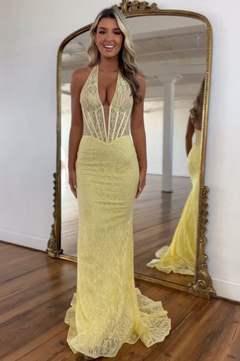 Yellow Corset Halter Appliqued Mermaid Long Prom Dress