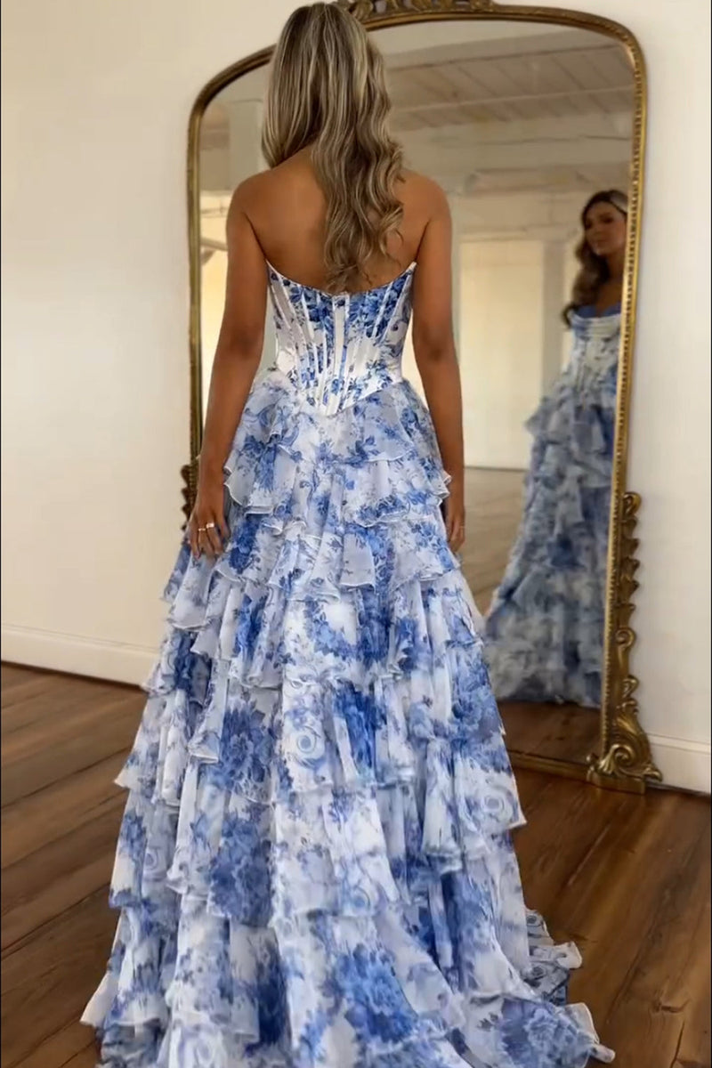 Load image into Gallery viewer, White Blue Flower Tiered Corset Strapless A Line Long Prom Dress