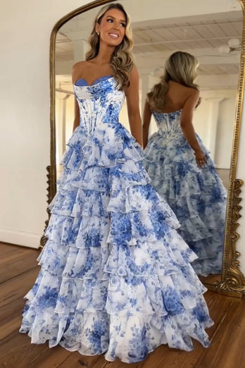 White Blue Flower Tiered Corset Strapless A Line Long Prom Dress