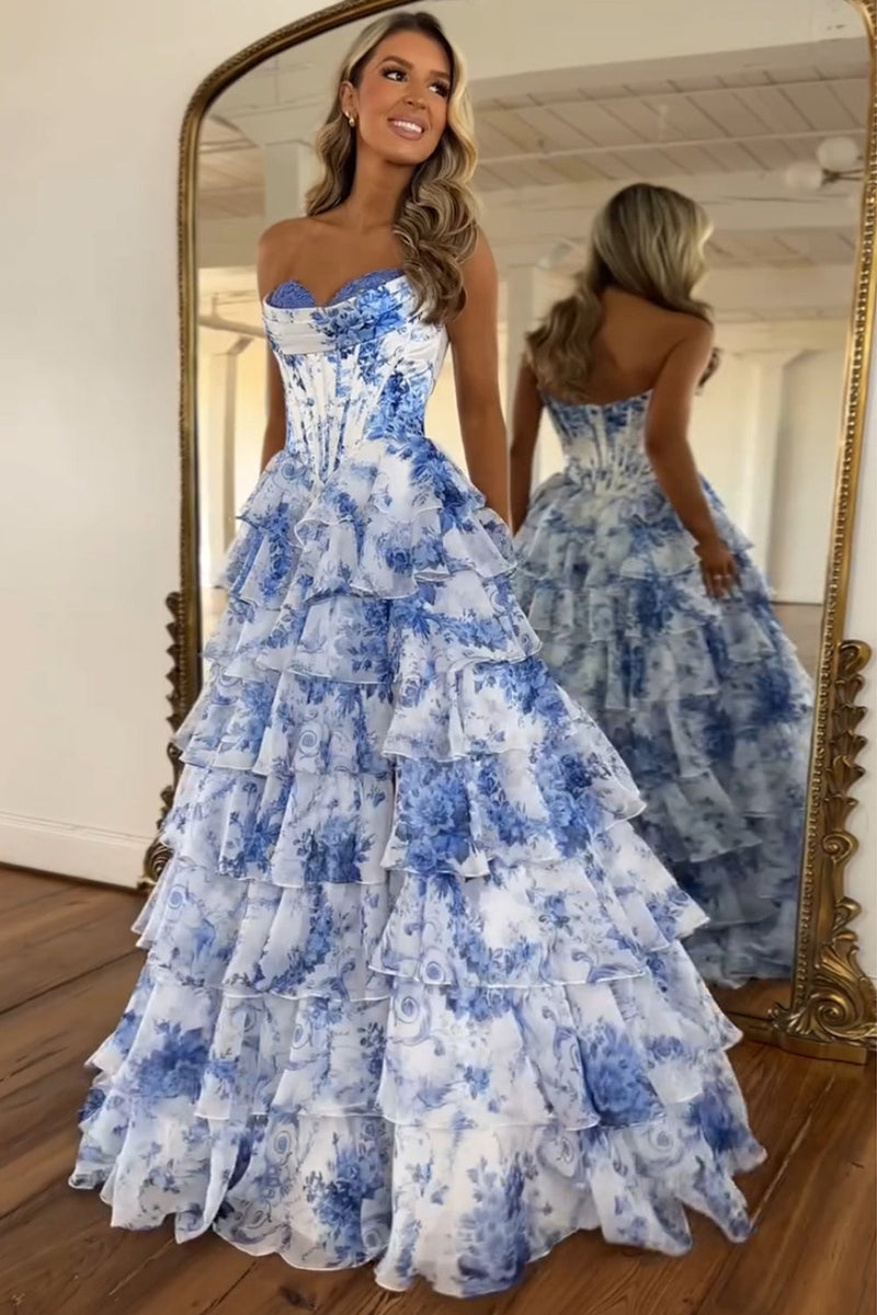 Load image into Gallery viewer, White Blue Flower Tiered Corset Strapless A Line Long Prom Dress