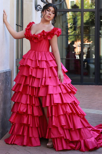 Fuchsia Corset Off The Shoulder Tiered A Line Long Prom Dress with Ruffle Slit