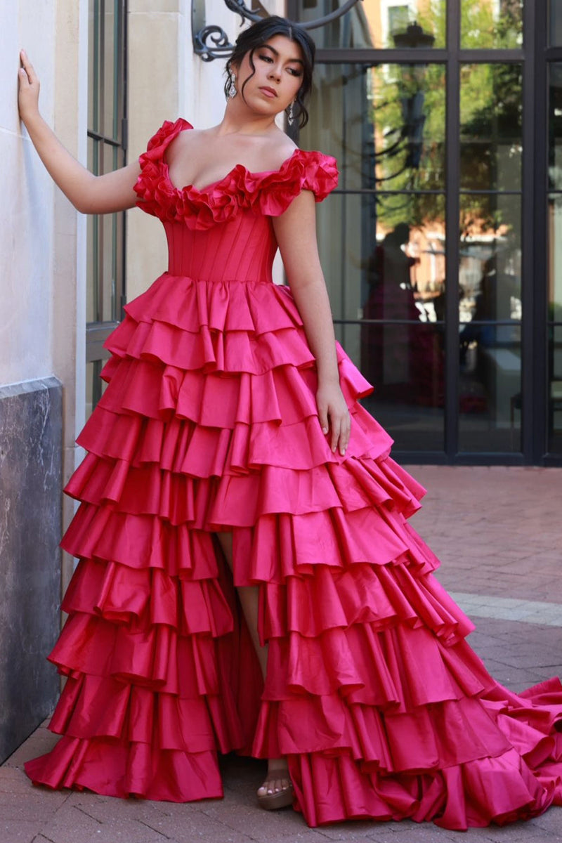 Load image into Gallery viewer, Fuchsia Corset Off The Shoulder Tiered A Line Long Prom Dress with Ruffle Slit