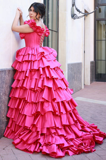 Fuchsia Corset Off The Shoulder Tiered A Line Long Prom Dress with Ruffle Slit