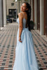 Load image into Gallery viewer, Light Blue Corset Spaghetti Straps Long Appliqued Prom Dress with Slit