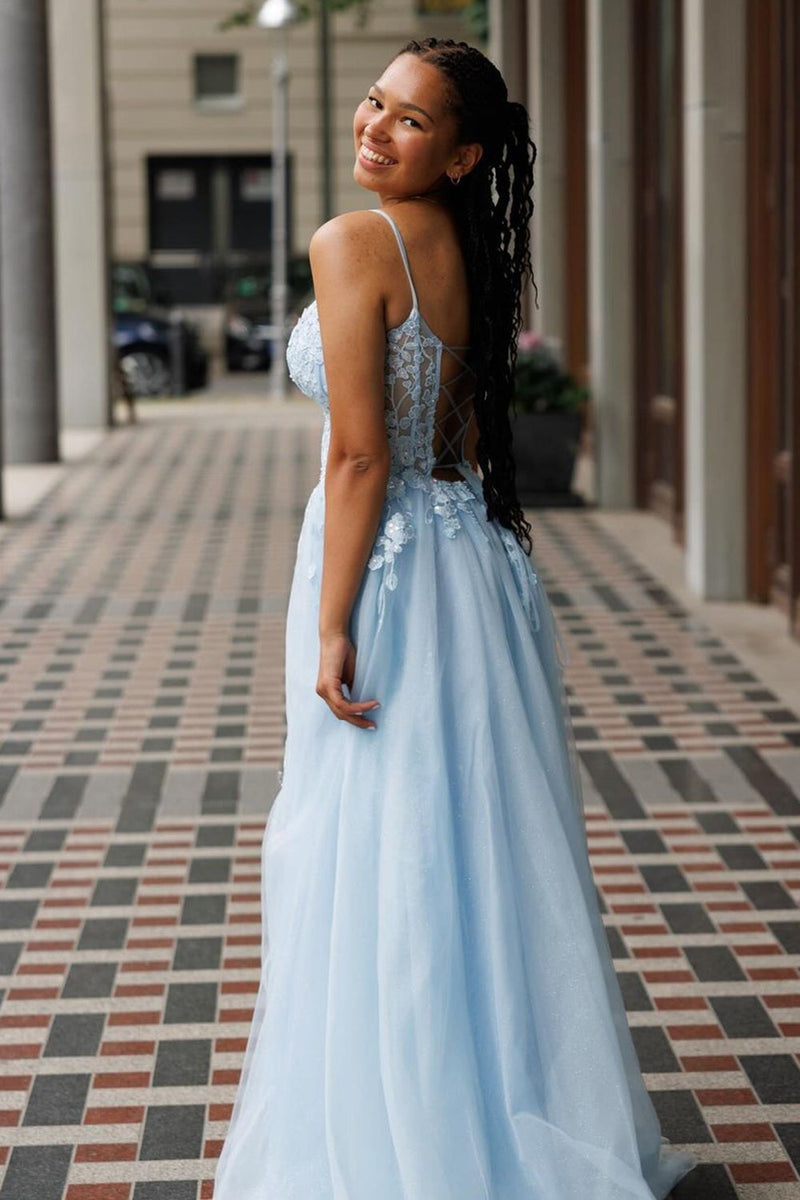 Load image into Gallery viewer, Light Blue Corset Spaghetti Straps Long Appliqued Prom Dress with Slit