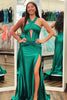 Load image into Gallery viewer, Dark Green Halter Corset Mermaid Keyhole Long Satin Prom Dress with Slit