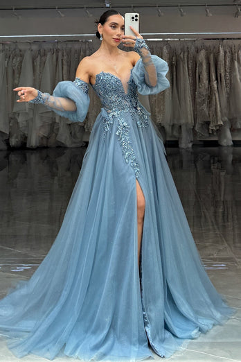 Sparkly Grey Blue Sweetheart Puff Sleeves Long Tulle Prom Dress with Slit