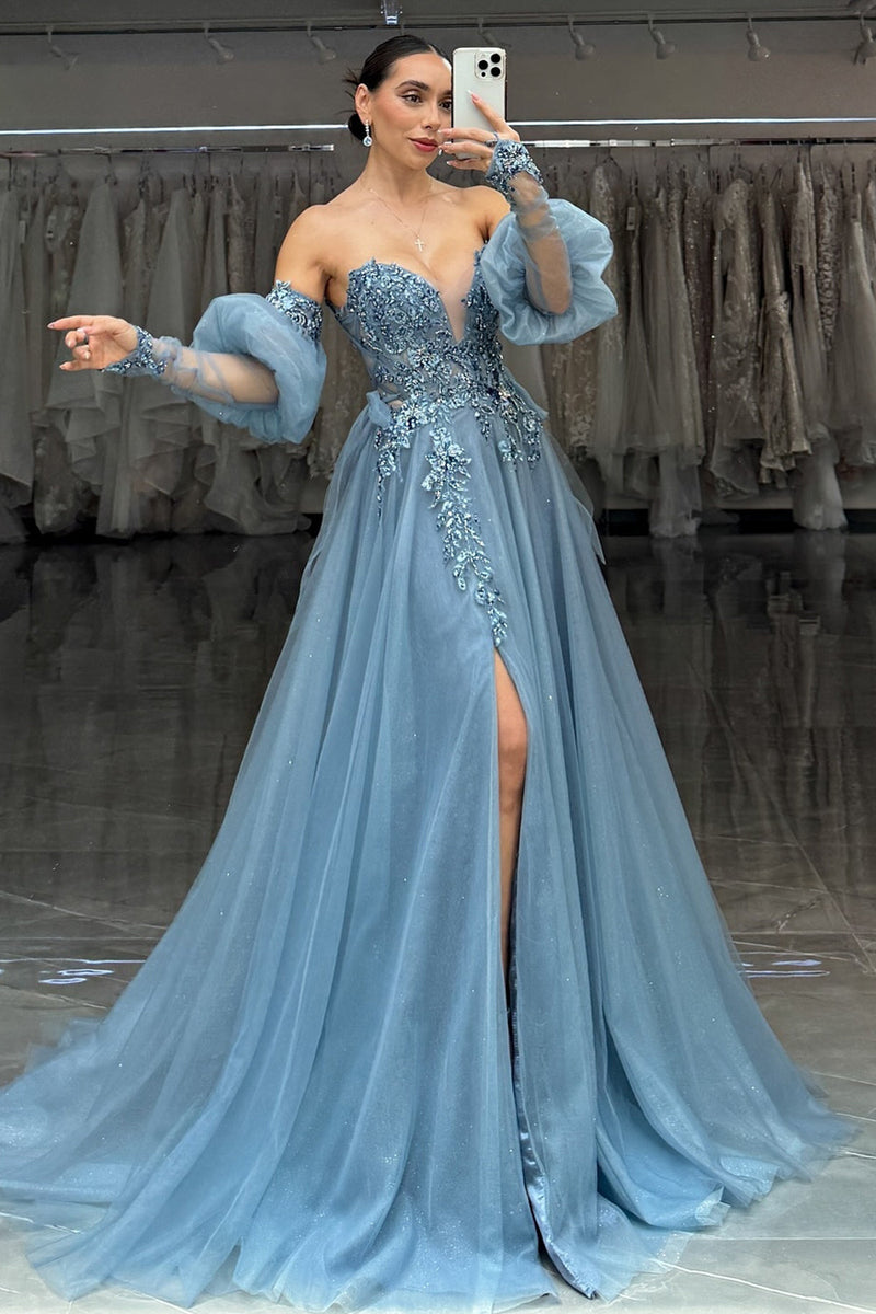 Load image into Gallery viewer, Sparkly Grey Blue Sweetheart Puff Sleeves Long Tulle Prom Dress with Slit