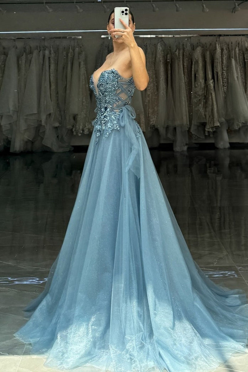 Load image into Gallery viewer, Sparkly Grey Blue Sweetheart Puff Sleeves Long Tulle Prom Dress with Slit