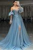 Load image into Gallery viewer, Sparkly Grey Blue Sweetheart Puff Sleeves Long Tulle Prom Dress with Slit