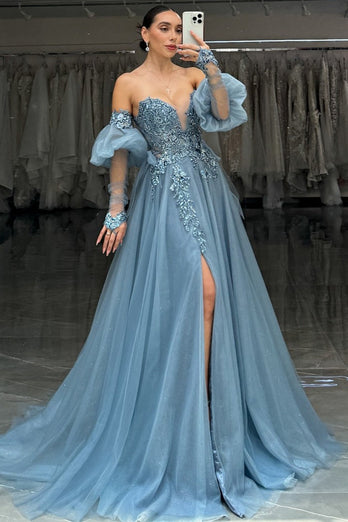 Sparkly Grey Blue Sweetheart Puff Sleeves Long Tulle Prom Dress with Slit