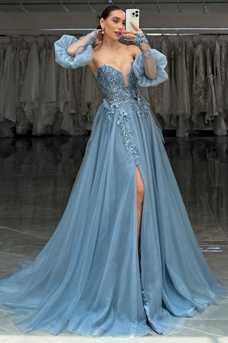 Load image into Gallery viewer, Sparkly Grey Blue Sweetheart Puff Sleeves Long Tulle Prom Dress with Slit