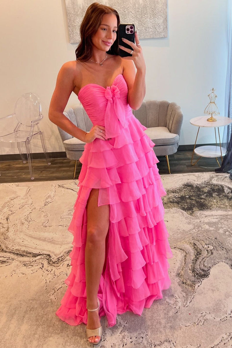 Load image into Gallery viewer, Fuchsia Strapless Tiered Bow Long Ruched Chiffon Prom Dress with Slit