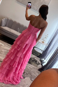 Fuchsia Strapless Tiered Bow Long Ruched Chiffon Prom Dress with Slit