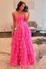 Load image into Gallery viewer, Fuchsia Strapless Tiered Bow Long Ruched Chiffon Prom Dress with Slit