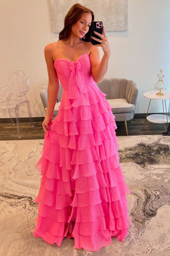 Fuchsia Strapless Tiered Bow Long Ruched Chiffon Prom Dress with Slit