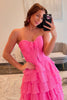 Load image into Gallery viewer, Fuchsia Strapless Tiered Bow Long Ruched Chiffon Prom Dress with Slit