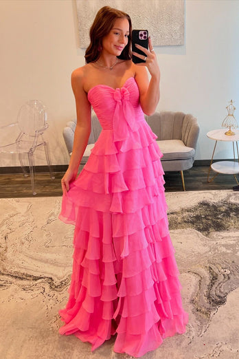 Fuchsia Strapless Tiered Bow Long Ruched Chiffon Prom Dress with Slit