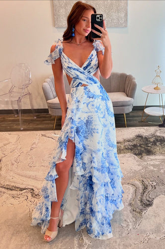 Blue White Flower Chiffon Printed A-Line Tiered Long Prom Dress with Slit