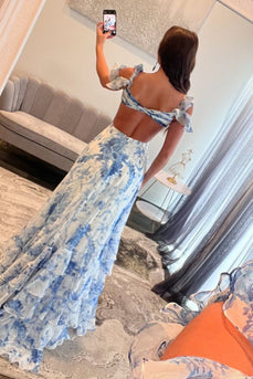 Blue White Flower Chiffon Printed A-Line Tiered Long Prom Dress with Slit