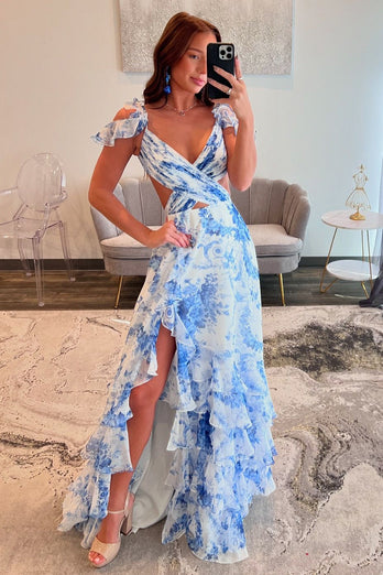 Blue White Flower Chiffon Printed A-Line Tiered Long Prom Dress with Slit