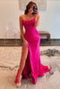 Load image into Gallery viewer, Sparkly Fuchsia Beaded Long Satin Prom Dress with Slit