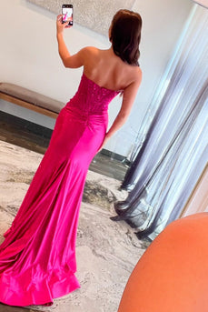 Sparkly Fuchsia Beaded Long Satin Prom Dress with Slit