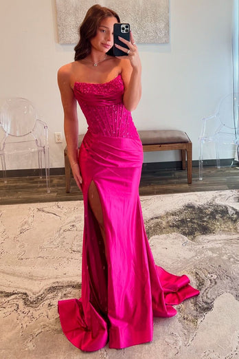 Sparkly Fuchsia Beaded Long Satin Prom Dress with Slit