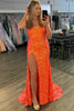 Load image into Gallery viewer, Sparkly Orange Strapless Sequins Mermaid Long Prom Dress with Slit