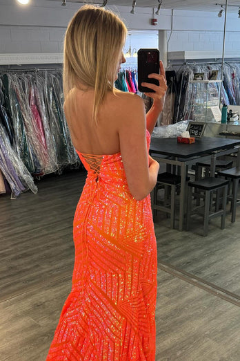 Sparkly Orange Strapless Sequins Mermaid Long Prom Dress with Slit