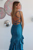 Load image into Gallery viewer, Sparkly Blue Spaghetti Straps Tiered Long Beaded Prom Dress with Slit