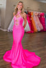 Load image into Gallery viewer, Sparkly Fuchsia Beaded Halter Keyhole Mermaid Long Prom Dress