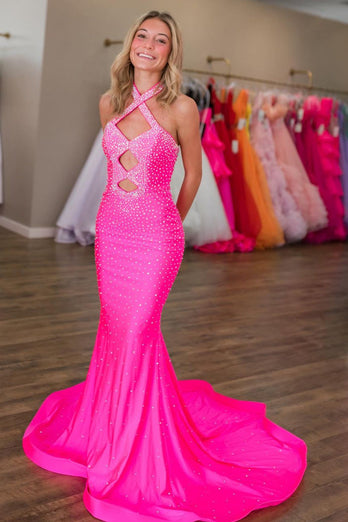 Sparkly Fuchsia Beaded Halter Keyhole Mermaid Long Prom Dress