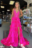 Load image into Gallery viewer, Sparkly Fuchsia Beaded V-Neck Tiered Long Satin Prom Dress with Slit