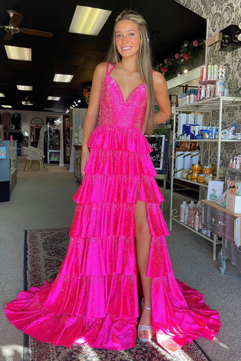 Sparkly Fuchsia Beaded V-Neck Tiered Long Satin Prom Dress with Slit