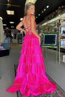 Sparkly Fuchsia Beaded V-Neck Tiered Long Satin Prom Dress with Slit