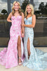 Load image into Gallery viewer, Floral Pink Spaghetti Straps Corset Long Prom Dress with Slit