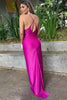 Load image into Gallery viewer, Fuchsia Ruched Sheath Spaghetti Straps Long Satin Prom Dress with Slit