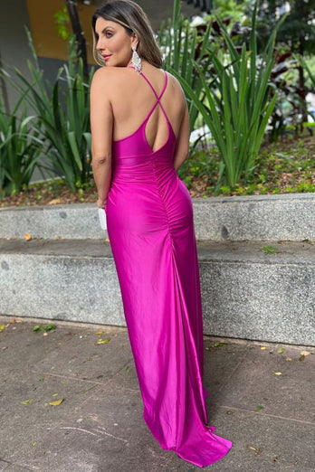 Fuchsia Ruched Sheath Spaghetti Straps Long Satin Prom Dress with Slit