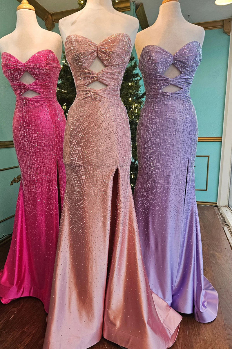 Load image into Gallery viewer, Sparkly Pink Beaded Keyhole Sweetheart Long Satin Prom Dress with Slit