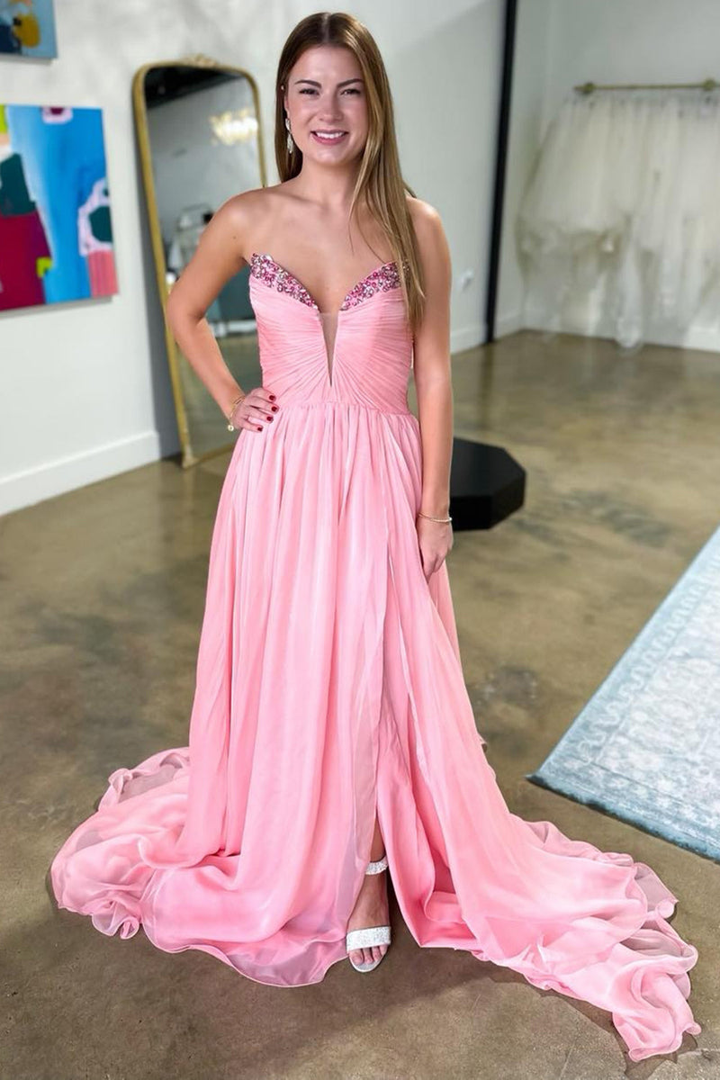 Load image into Gallery viewer, Sparkly Pink Ruched Beaded Strapless Chiffon Long Prom Dress with Slit