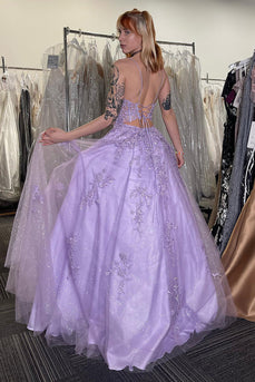 Lilac Appliques  A Line Corset Spaghetti Straps Long Tulle Prom Dress