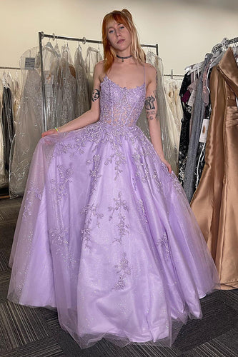 Lilac Appliques  A Line Corset Spaghetti Straps Long Tulle Prom Dress