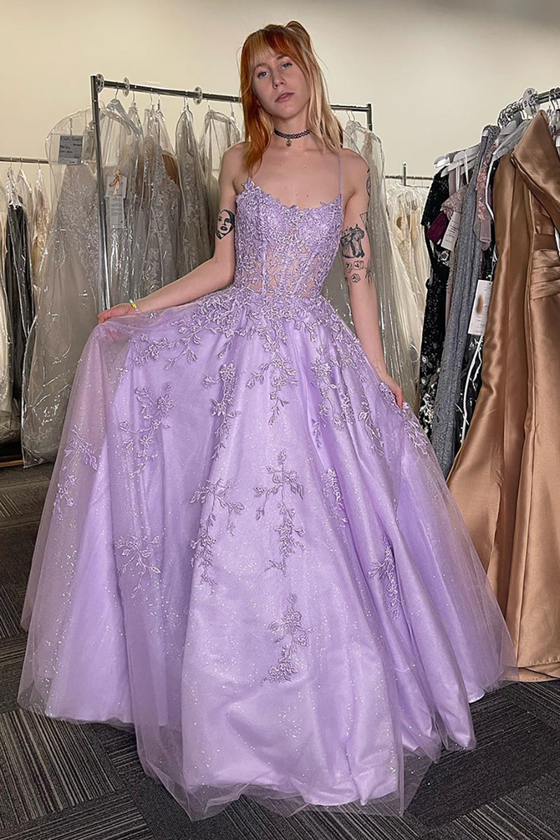 Load image into Gallery viewer, Lilac Appliques  A Line Corset Spaghetti Straps Long Tulle Prom Dress