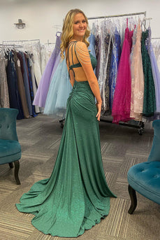 Dark Green Sparkly One Shoulder Long Beaded Prom Dress with Slit