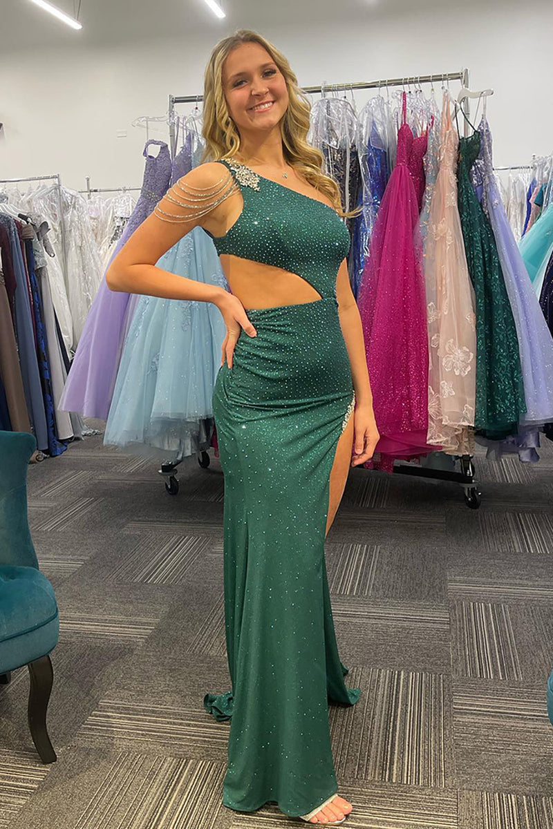 Load image into Gallery viewer, Dark Green Sparkly One Shoulder Long Beaded Prom Dress with Slit