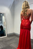 Load image into Gallery viewer, Red Satin Backless Long Corset Prom Dress with Slit