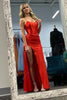 Load image into Gallery viewer, Red Satin Backless Long Corset Prom Dress with Slit