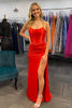 Load image into Gallery viewer, Red Satin Backless Long Corset Prom Dress with Slit